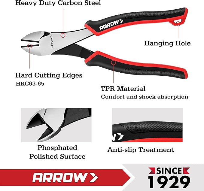 ARROW High Leverage Diagonal Pliers, 8 Inch Wire Cutters with Comfortable TPR Handle, High Carbon Steel Side Cutters for Cutting Wire