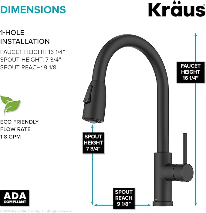 KRAUS Coda 2-Function Single Handle Pull Down Kitchen Faucet in Matte Black, KPF-1626MB