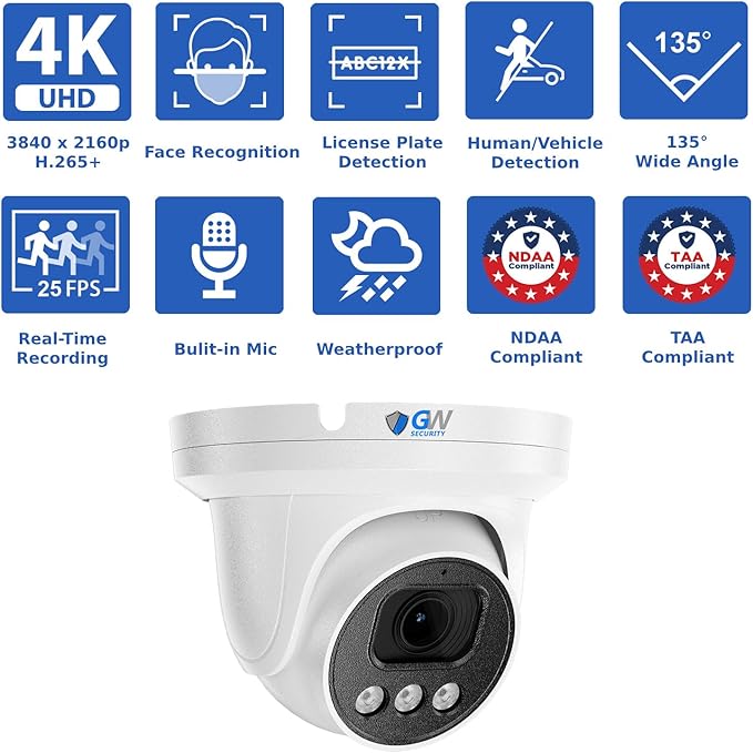 GW Security 32 Channel NVR UltraHD 4K Face Recognition NDAA & TAA Compliant Security Camera System with 32 x 8MP @25FPS Outdoor & Indoor PoE Turret Cameras, 10 Smart AI Functions