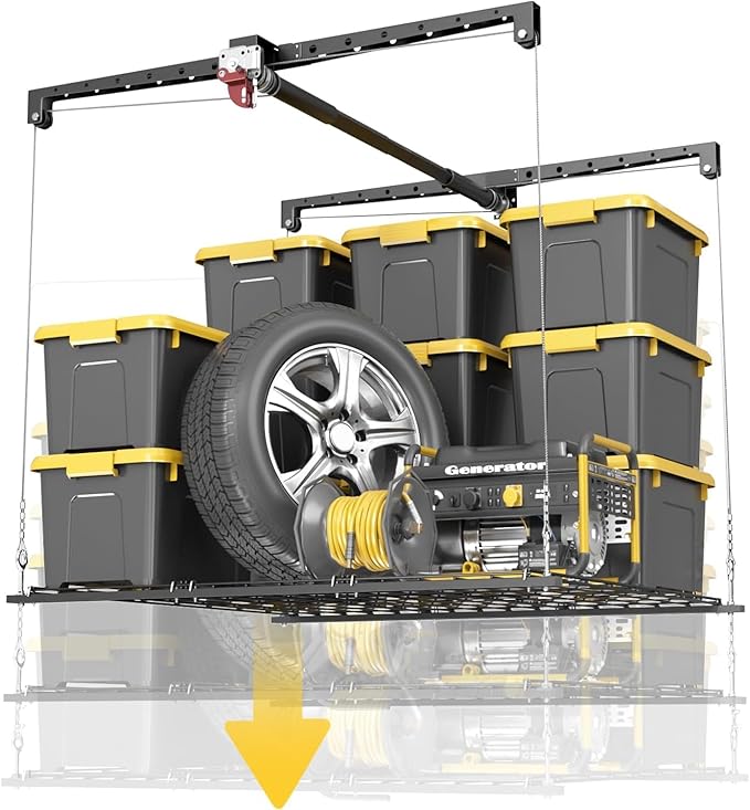 Overhead Garage Storage Rack for 10-12 ft Ceiling, Heavy-duty 4x4 FT Garage Ceiling Storage Racks with Safety Lock, Ideal for Storage Mounted Lift System and Storage Organizer, 250lbs Capacity