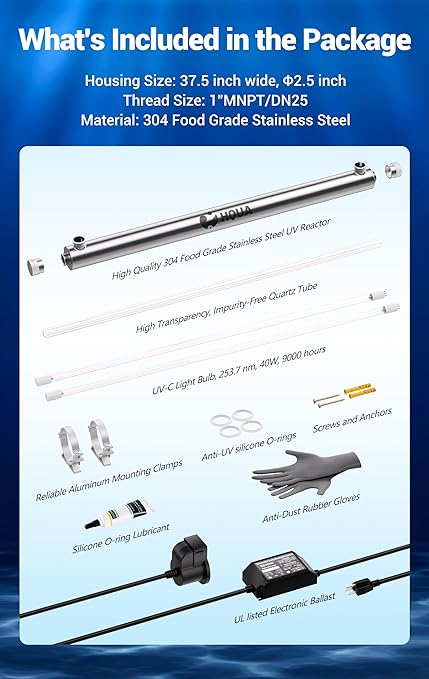 HQUA-OWS-121 120V 40W 12GPM 1” Inlet/Outlet MNPT Whole House Ultraviolet Water Purifier Filter, +1 Extra UV Bulb