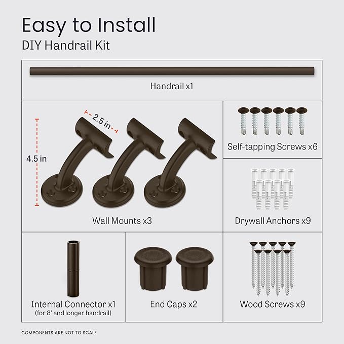 Meranti Aluminum Handrail for Indoor or Outdoor Steps and Stairs – Hand Rails for Elderly – DIY Complete Stair Railing Kit (AHR, Bronze Textured, 10' Length)