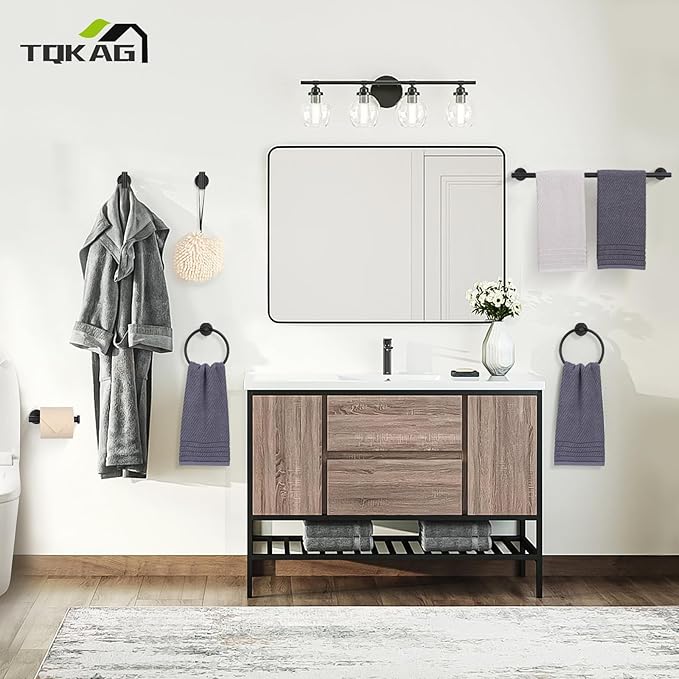 TQKAG Matte Black Bathroom Hardware Set 6-Piece Bathroom Accessory Set 23.6 Inch Round Stainless Steel Towel Bar Set Wall Mounted