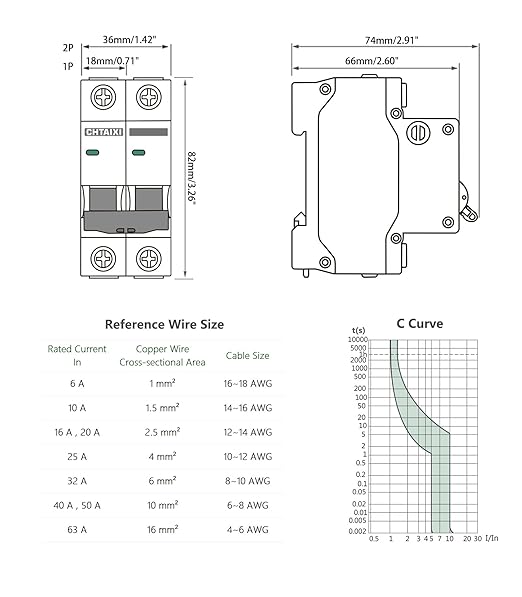 AC Miniature Circuit Breaker, 16 Amp 120V/240V 2 Pole DIN Rail Mount Circuit Breaker, Thermal Magnetic Trip, Solar AC Disconnect Switch MCB C16