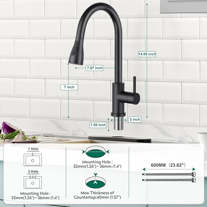 CREA Black Kitchen Faucet,Pull Down Kitchen Faucets with Sprayer 3 Modes Single Hole,360°Swivel High Arc,Commercial RV Laundry Bar Uitility Sink,Stainless Steel