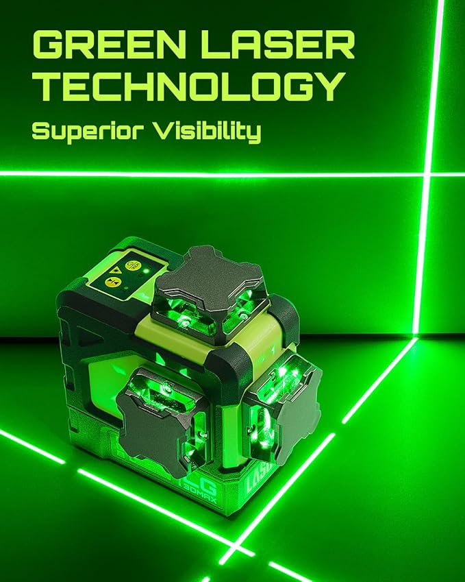 LasGoo LG-3DMAX 3x360° Green Laser Level, 3D Self-Leveling Cross Line Laser with 2 Rechargeable Lithium Batteries, Fine-Tuning Bracket Adapter, Green Laser Enhancement Glasses, and Hard Carrying Case