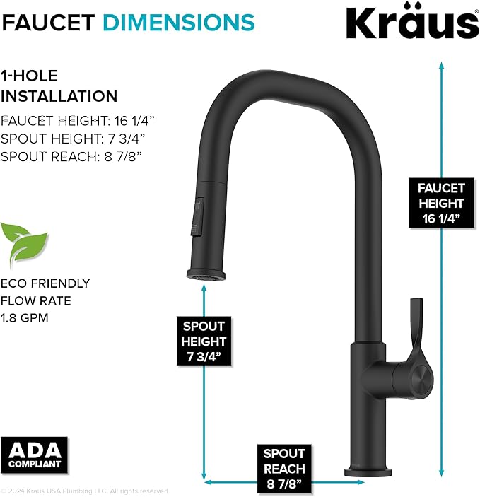 KRAUS Torak Pull Down Kitchen Faucet in Matte Black with 2 Function Sprayer, Pre-Attached Water Lines, and Mounting Hardware, KPF-2841MB
