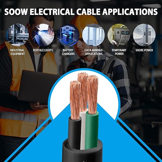 10ft 6/3 6 AWG Portable Power Cable (3 Conductor) - SOOW 600V 6 Gauge Electric Wire for Motor Leads, Portable Lights, Battery Chargers and Machinery - 3 Conductor - 10 Feet Electrical Cord