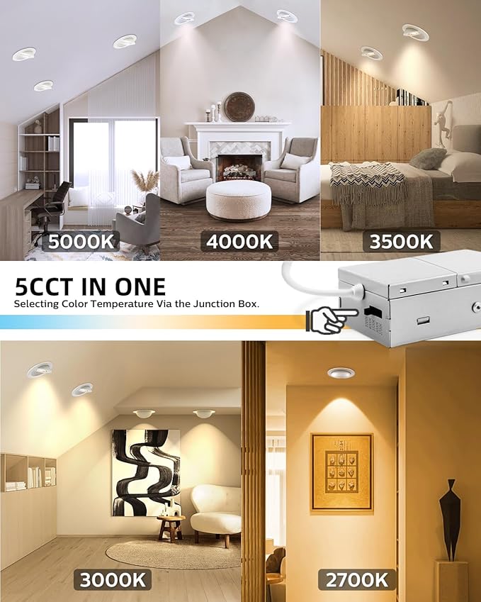 Adetu 4 inch 5CCT Gimbal Led Recessed Lights, 360°+90° Adjustable Directional Recessed Lighting, 2700K/3000K/3500K/4000K/5000K Dimmable Retrofit Eyeball Can Lights with Jbox, ETL(White, 6 Pack)