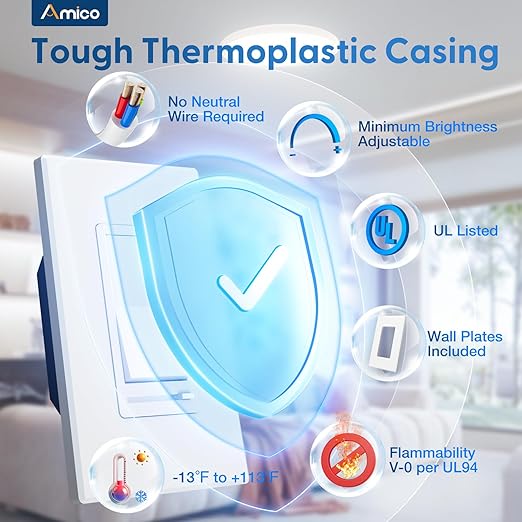 Amico 12 Pack Dimmer Light Switch, Single-Pole or 3-Way Slide Dimmer Switches for Led Lights, Suitable for 150W Dimmable LED/CFL Lights and 600W Incandescent/Halogen, Wall Plate Included, White