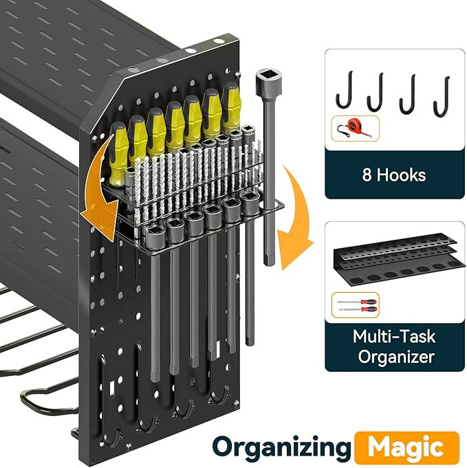 Warome Garage Power Tool Organizer with 8-Outlet Power Strip, Tool Storage Rack Wall Mount with 8 Cordless Drill Holders, Tool Organization Shelf with Charging Station in Black