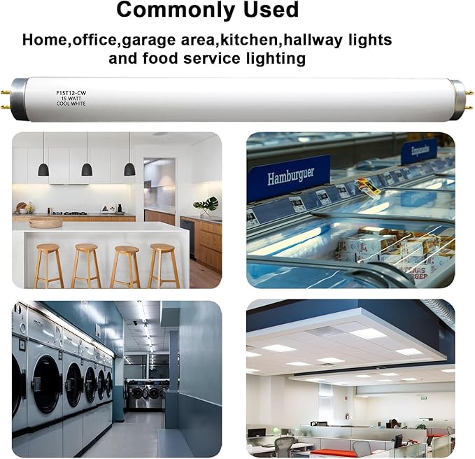 F15T12-CW T12 15 Watt 18 Inch Fluorescent Light Bulb,F15T12-CW 15 Watt Cool White,4100K,T12 Linear Fluorescent Lamp,Medium Bi-Pin G13 Base,850 Lumens(4Pack)