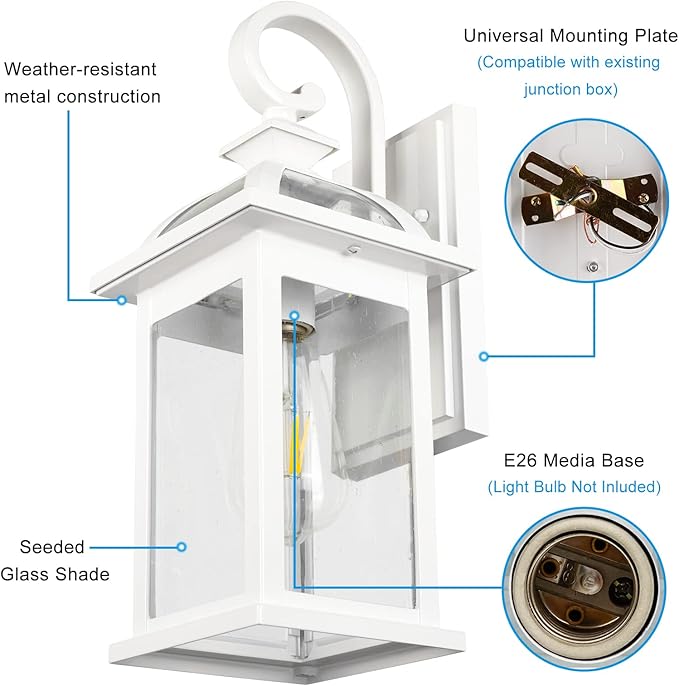 Darkaway Outdoor Lights Fixtures Wall Mount, Outdoor Wall Sconce with Seeded Glass Waterproof Outside Exterior Lights Fixture for House, Front Porch, Patio (2 Pack, White)