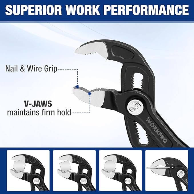 WORKPRO 2-Piece 7-Inch Pliers Wrench & 10-Inch Groove Joint Pliers Set, Quick Adjustment, CR-V Steel, Smooth Jaw & V-Jaw, Upgraded Wide Opening, Ergonomic Grip - for Plumbing, Pipe Work, DIY Projects
