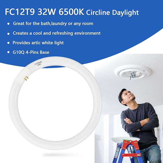 (2 Pack) FC12T9/DX 32 Watts 12 Inch T9 Round Fluorescent Circular Light Bulb, Daylight-6500K, FC12T9/DL 2100 Lumens G10Q 4-Pin Base 32W Circline Ceiling Lights