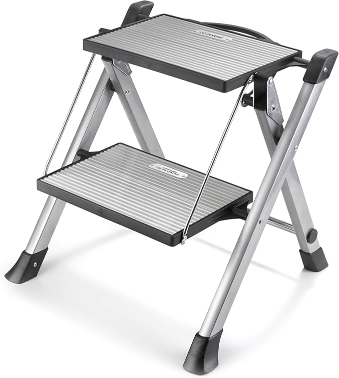 Polder Easy-Close Aluminium 2-Step Stool, Ladder with Non-Skid Feet, Folding Step, Top Step Height - 1.4 feet