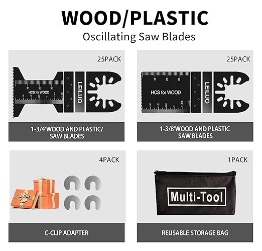 LEILUO 50 Pcs Multitool Blades Set for Wood Oscillating Saw Blades Universal Oscillating Tool Accessories with Storage Bag Compatible with DeWalt Makita Dremel and More