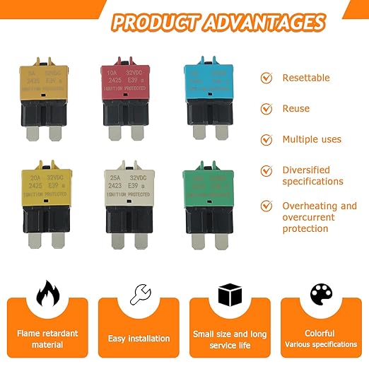 Manual Reset Circuit Breaker Fuse E39 Low Profile ATC/ATO 32V DC 5A 10A 15A 20A 25A 30A Type 3 car Mini Fuses Circuit Breakers（6 pcs Mixed）