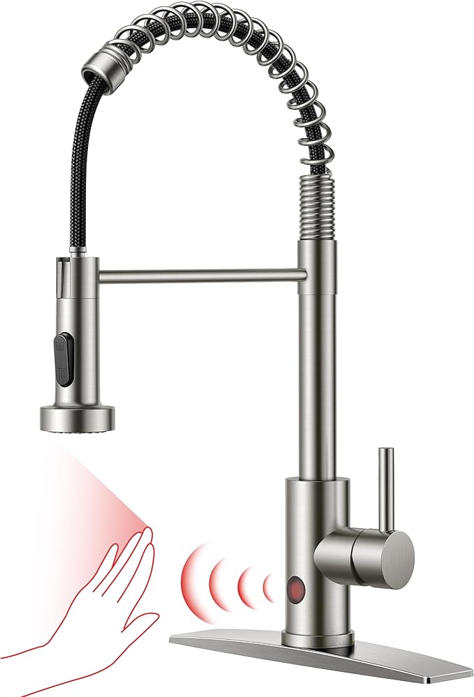 FORIOUS Touchless Kitchen Faucet Brushed Nickel, Smart Motion Sensor Spring Sink Faucet with Pull Down Sprayer Commercial Contemporary Hands-Free for Pot Filler, Farmhouse Camper Laundry Camper