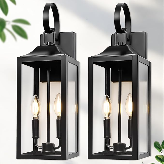 19" Large Outdoor Wall Light - Black Outside Wall Mounted Light Fixture, Exterior Farmhouse Wall Sconce Lantern 2-Light, Modern Porch Lighting Exterior Lamp for House, 2 Pack
