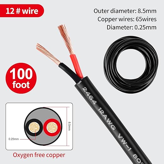 12 Gauge Electrical Wire 2 Conductor 12 AWG Electrical Wire Stranded PVC Cord Oxygen-Free Copper Cable 100FT Pure Copper Flexible Cable Wire Cord for LED Lamp Lighting Strips Automotive…