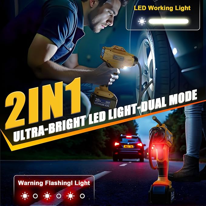 Cordless Tire Inflator Air Compressor Compatible with Dewalt 20V Battery, 160PSI Portable Air Pump with Digital Pressure Gauge, Fast Inflation for Cars, Motorcycles, Bikes(Bare Tool)