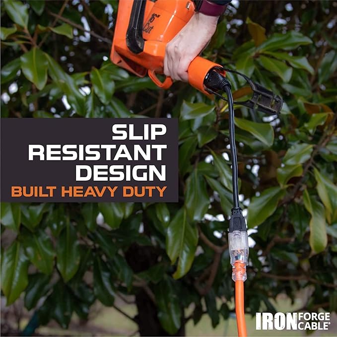 Iron Forge Cable Weatherproof 6 Ft Outdoor Extension Cord - 14/3 SJTW 15 Amp Heavy Duty Orange Extension Cord 3 Prong - Lighted End