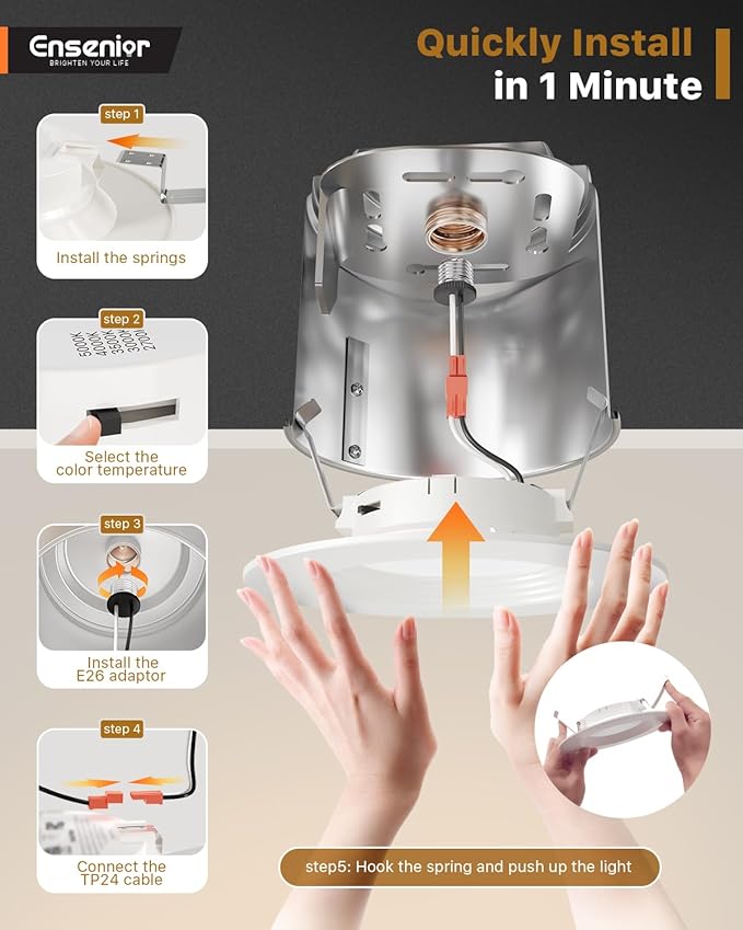 Ensenior 5/6 Inch 5CCT LED Can Lights 12 Pack, Retrofit Led Recessed Lighting, Baffle Trim, Dimmable, 9W=110W, 1000LM, 2700K/3000K/3500K/4000K/5000K Selectable, IC Rated - ETL & FCC