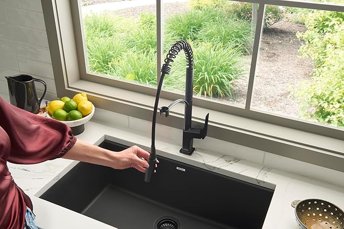 Ruvati Seneca Matte Black Single Handle Pull Down Kitchen Faucet Spiral Pro Style with Pre-Rinse Spray Hose - RVF1236MB
