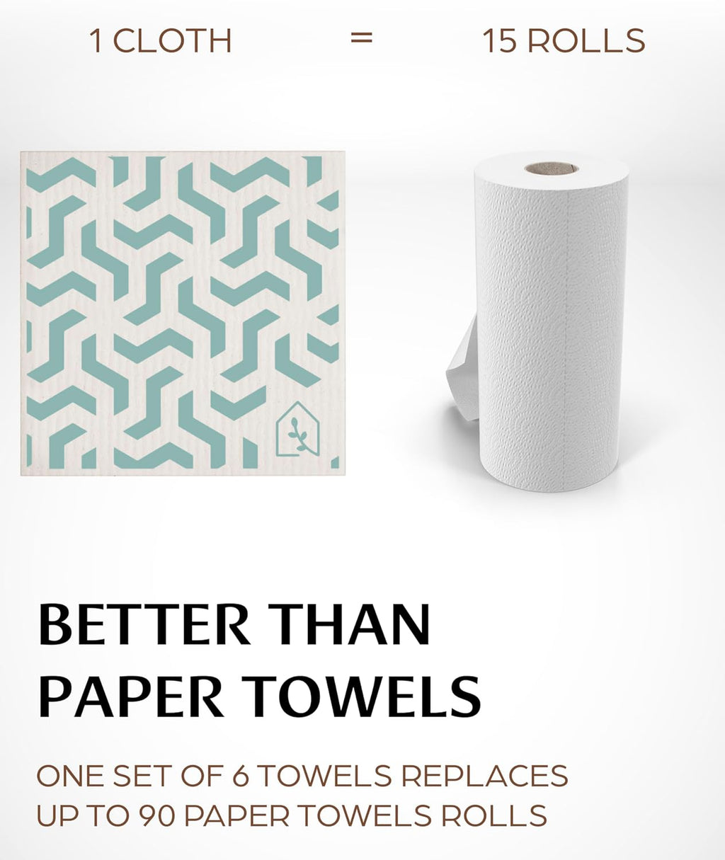 Swedish Dish Cloths for Kitchen - Reusable Dishcloths for Washing Dishes - Each Cellulose Dish Cloth Replaces 15 Rolls of Paper Towels and is More Absorbent than a Sponge - Dishcloth Set of Six