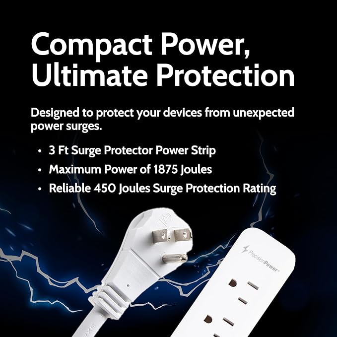 Precision Power Flat Plug Surge Protector Extension with 3 feet Cord – Compact Heavy Duty Power Strip & Flat Plug with 3 AC Outlets, 3 USB Ports for Home and Office