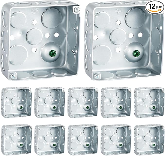 12 Pcs Electrical Box Junction Box Galvanized Steel Metal Electrical Boxes, 1/2'' and 3/4'' Knockouts, Drawn Construction, Silver (4 x 4 Inch,Square)