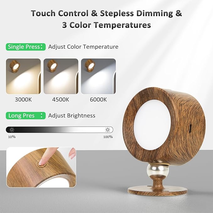 LED Wall Lights, Wall Lamp 3 Color Temperatures & Dimmable Magnetic 360° Rotation with Remote, Wall Sconces 3 Pcs with 3000mAh Rechargeable Battery, Cordless Wall Light for Reading Bedside Hallway