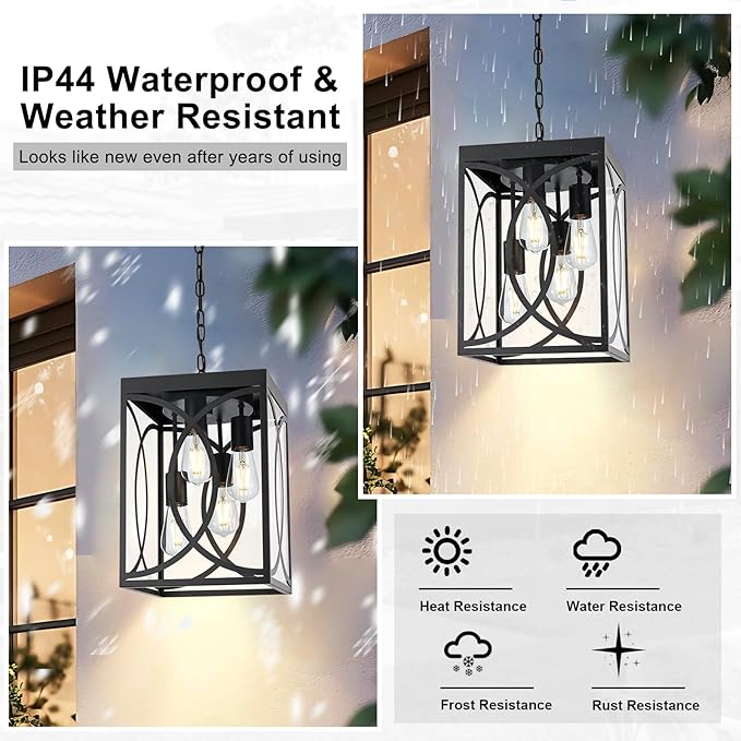 4-Lights Large Outdoor Pendant Lights, Black Hanging Porch Lighting Fixture with Clear Glass, E26 Bulb Base Exterior Lantern Chandelier Ceiling Mount for Front Door Patio Garden