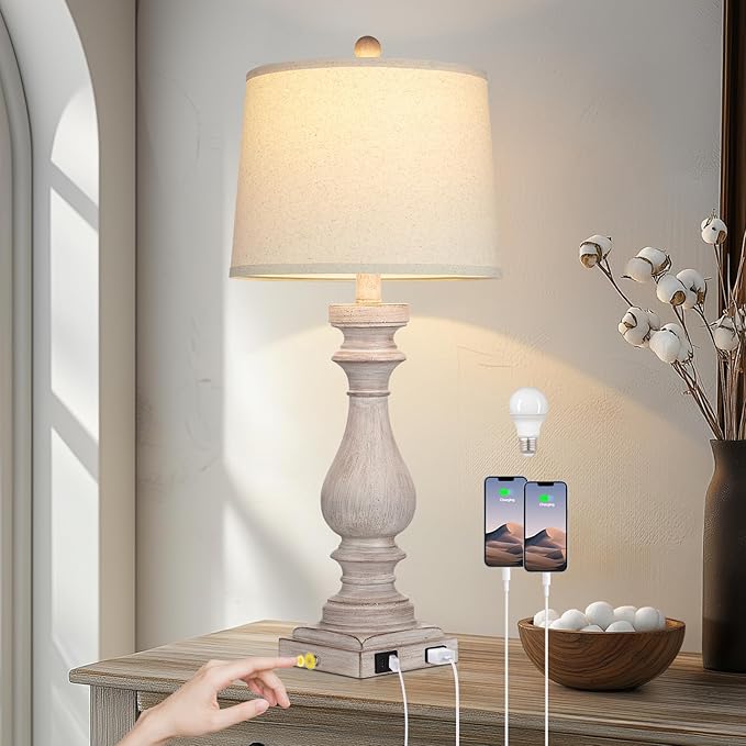 27.5" Farmhouse Table Lamp for Living Room,Vintage Bedside Lamp with USB C+A Ports & AC Outlet,3-Way Dimmable Touch Control Gray Washed Finish Nightstand for Bedroom, Single Gray