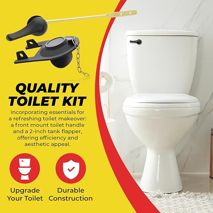 Qualihome Front Mount Toilet Handle Replacement Kit - Black Flush Handle with 2 Inch Universal Toilet Flapper Replacement - Easy Install Toilet Lever & Flapper - Toilet Flusher Kit