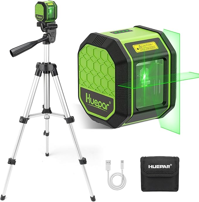 Laser Level with Tripod, HUEPAR 100Ft Self Leveling Laser Level Rechargeable Green Cross Line Laser Leveler Tool for Picture Hanging, Tile, Home Renovation, Carrying Bag Included (25.6 in Tripod)