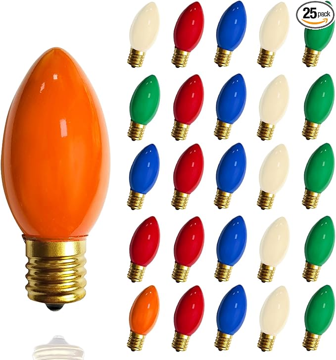 25 Pack C9 Christmas Replacement Bulbs, 7W Ceramic Multicolor Incandescent Night Light Bulbs for Outdoor String Lights, Multicolor Christmas Bulbs for Porch, Patio, Garden, Holiday Decor, E17 Base