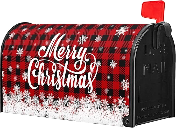 Kawani Merry Christmas Mailbox Cover Winter Snowflake Red Black Buffalo Plaid Christmas Decorative Mailbox Cover Magnetic Standard Size 21x18 Inch Xmas Post Box Cover Wraps for Garden Yard Decor