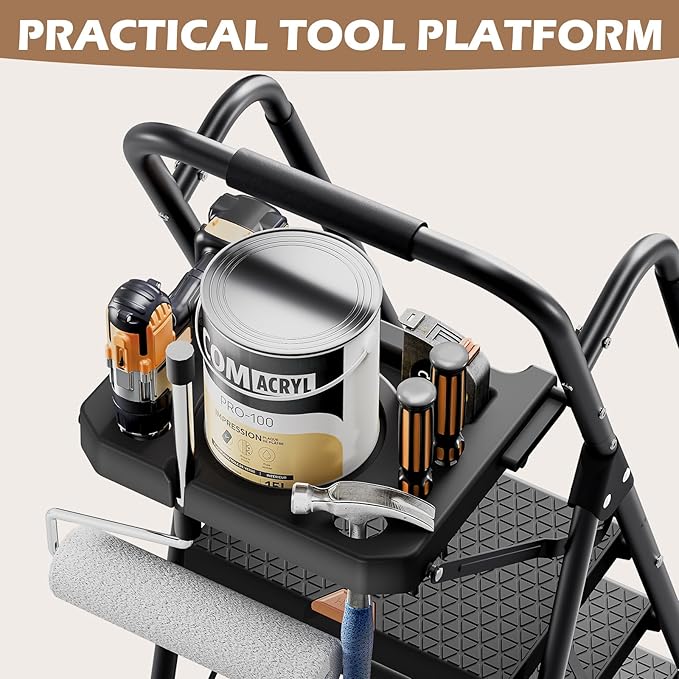 KINGRACK Step Ladder, Portable Folding Step Stool with Anti-Slip Wide Pedals, Heavy Sturdy Steel with Handrail, Safe-Lock Design, 800lbs Load Capacity, for Home and Kitchen, Black (5 Step Ladder)