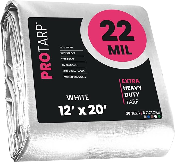 PROTARP Extreme Heavy Duty 22 Mil Tarp Cover, Waterproof, UV Resistant, Rip and Tear Proof, Poly Tarpaulin with Reinforced Edges for Roof, Camping, Patio, Pool, Boat. (White 12′ X 20′)