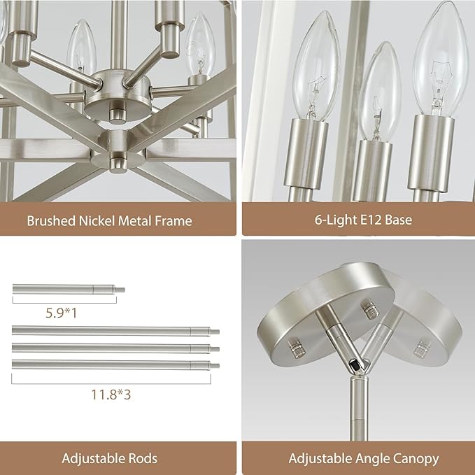 Brushed Nickel Chandelier 6-Light, Dining Room Light Fixture Geometric Metal Modern Chandelier Lighting for Kitchen Island Living Room Entryway, 20 Inch Pendant Lighting Hanging Ceiling Lamp