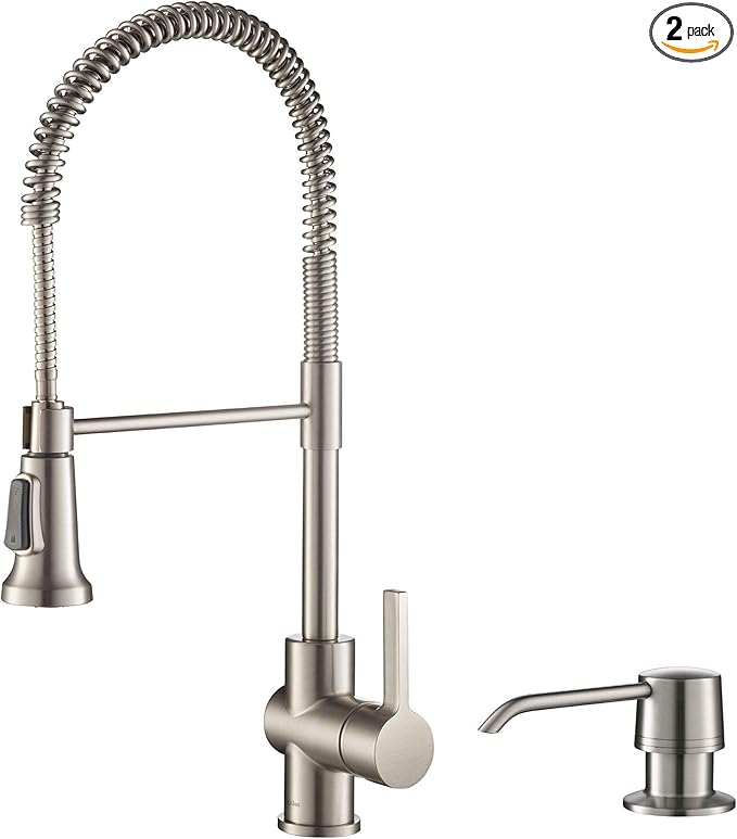 KRAUS Britt Commercial Style Spot Free Stainless Steel Pre-Rinse Kitchen Faucet with Deck Plate and Soap Dispenser, KPF-1690SFS-KSD-31SFS