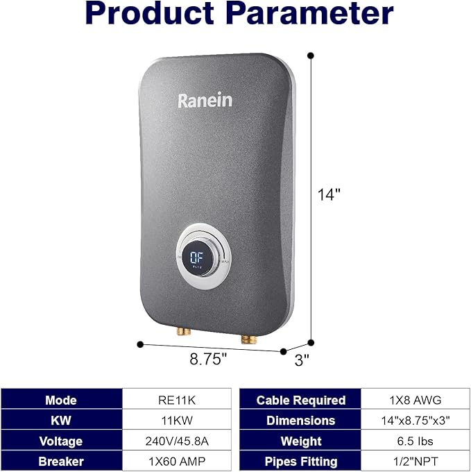 Ranein Electric Tankless Water Heater, 11Kw 240v, On Demand Instant Water Heater with CSA Certification, IPX4 Waterproof, LED Temperature Display for Bathroom, Self Modulating Energy Saving Save Space