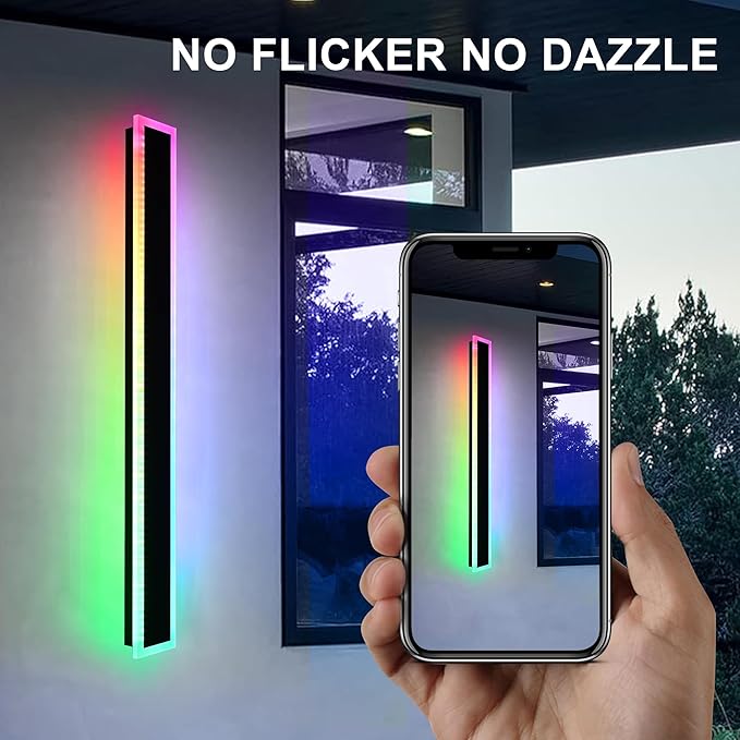 MELUCEE 2 Packs 24in Long Outdoor RGB LED Wall Lights, 5.1in Wide Exterior Wall Light Fixtures Black Dimmable Long Strip Wall Sconce with Remote Control for House Garage Patio Porch, IP65 Waterproof