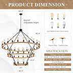 48 Lights 3 Tier Extra Large Wooden Wagon Wheel Chandelier Natural Farmhouse 63'' High Ceiling Black Rustic Round Wood Pendant Light Fixture for Living Room Foyer Villa Staircases