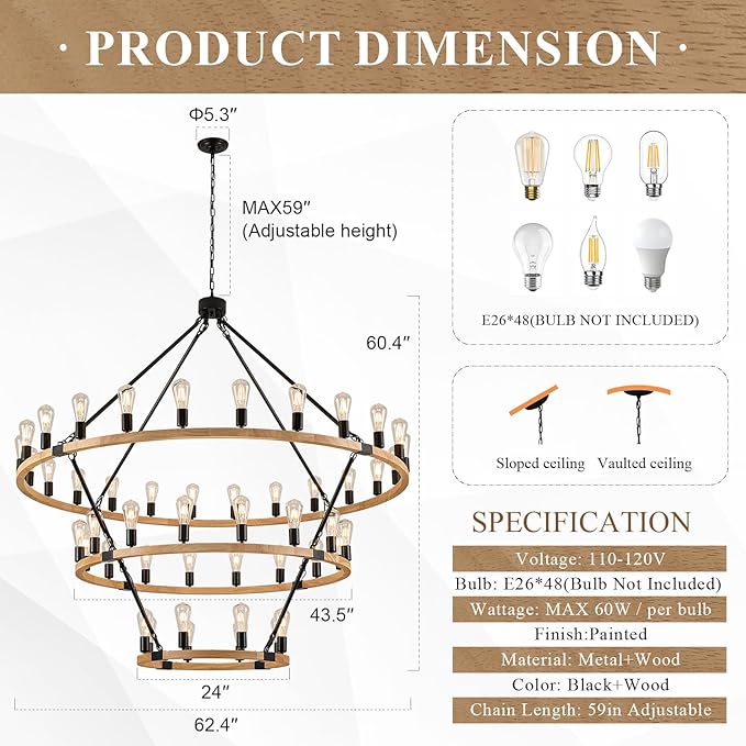 48 Lights 3 Tier Extra Large Wooden Wagon Wheel Chandelier Natural Farmhouse 63'' High Ceiling Black Rustic Round Wood Pendant Light Fixture for Living Room Foyer Villa Staircases
