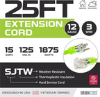 Iron Forge Cable Weatherproof 25 Ft Outdoor Extension Cord - 12/3 SJTW 15 Amp Heavy Duty Light Green High Visibility Cable with 3 Prong - Lighted End
