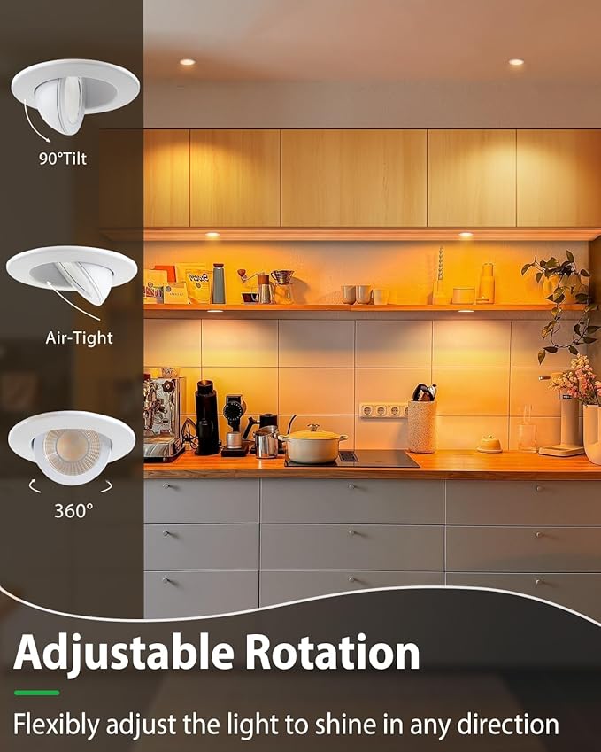 zouzai 2 Inch Adjustable Mini LED Gimbal Light, 5CCT Selectable, 360° Rotation & 90° Tilt for Precise Lighting, Accent or Ambient Illumination in Kitchen, Living Room, Cabinet (White, 12 Pack)