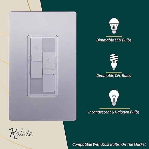 TOPGREENER Elite Series Kalide Dual Load Dimmer Light Switch, Double LED Dimmer Switch, Full Range Dimming, Single Pole, 120VAC, 60Hz, 200W LED/CFL, Neutral Wire Not Required, TGDDS-SV, Silver